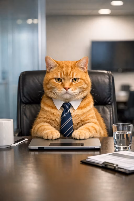 Orange office cat in a tie sitting behind a laptop